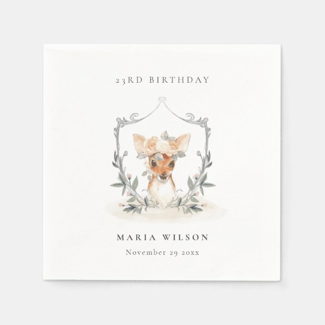 Niedliches Dusky Deer Floral Wappen jeden Geburtst Serviette (Vorderseite)