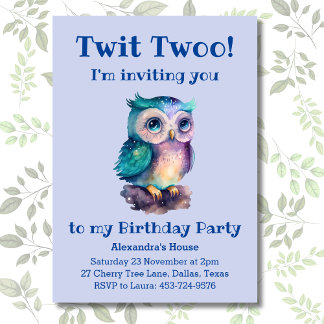 Niedliches Dusty Blue Owl Kids Woodland Geburtstag Einladung