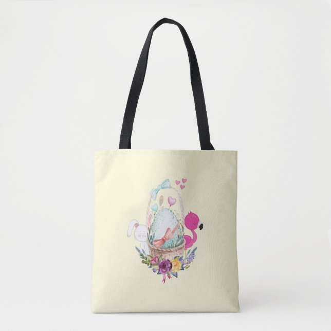 Niedliches Ei, rosa Flamingo & Bunny, Aquarell (Vorderseite)