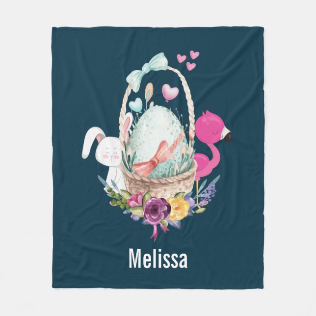 Niedliches Ei, rosa Flamingo & Bunny, Aquarell Fleecedecke (Vorderseite)