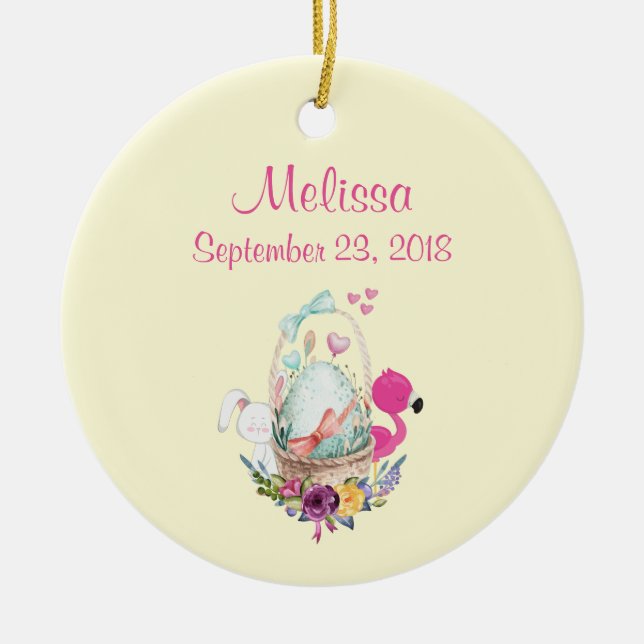 Niedliches Ei, rosa Flamingo & Bunny, Aquarell Keramik Ornament (Vorne)