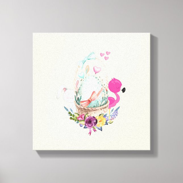 Niedliches Ei, rosa Flamingo & Bunny, Aquarell Leinwanddruck (Vorderseite)