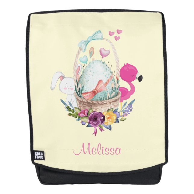 Niedliches Ei, rosa Flamingo & Bunny, Aquarell Rucksack (Vorderseite)