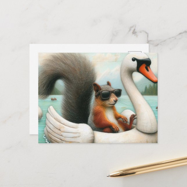 Niedliches Eichhörnchen auf einer Swan Floatie Postkarte (Vorderseite/Rückseite Beispiel)
