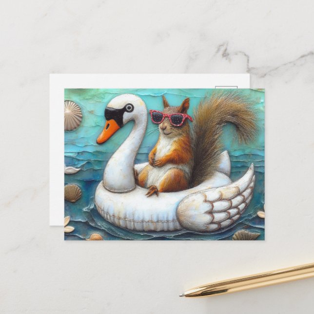 Niedliches Eichhörnchen auf einer Swan Floatie Postkarte (Vorderseite/Rückseite Beispiel)