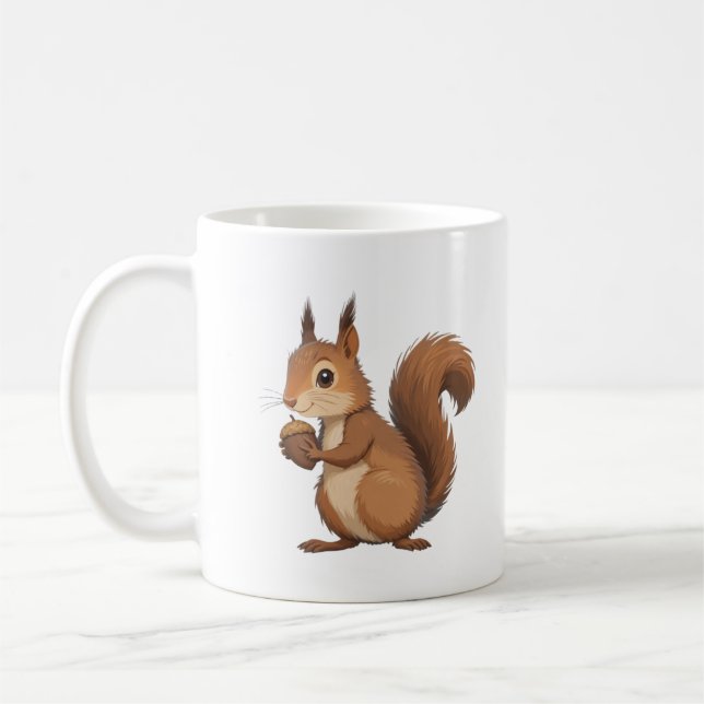 Niedliches Eichhörnchen, das eine Nuss zum Essen h Kaffeetasse (Links)