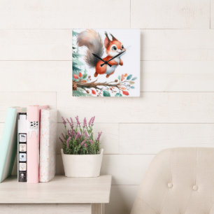 Niedliches Eichhörnchen Farbe Herbst Kinderzimmer Quadratische Wanduhr