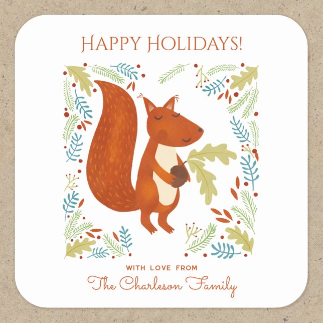 Niedliches Eichhörnchen Happy Holidays Personalisi Quadratischer Aufkleber (Fun Squirrel Happy Holidays personalized sticker)