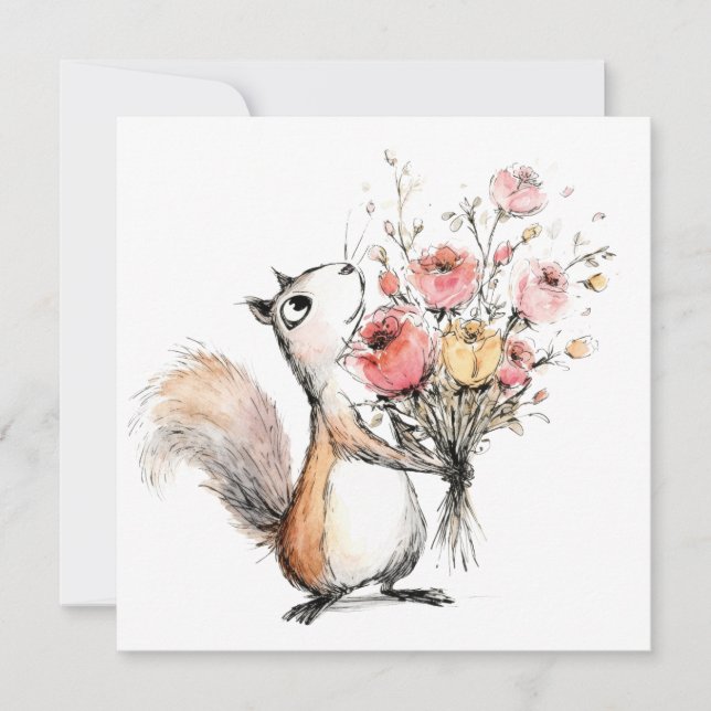 Niedliches Eichhörnchen mit Blumenstrauß Einladung (Vorderseite)