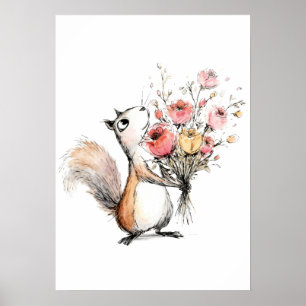 Niedliches Eichhörnchen mit Blumenstrauß Poster