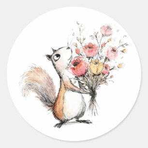 Niedliches Eichhörnchen mit Blumenstrauß Runder Aufkleber