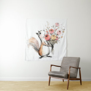 Niedliches Eichhörnchen mit Blumenstrauß Wandteppich