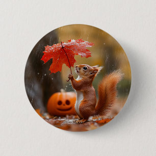 Niedliches Eichhörnchen mit Leaf-Regenschirm - Her Button