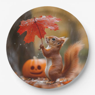 Niedliches Eichhörnchen mit Leaf-Regenschirm - Her Pappteller