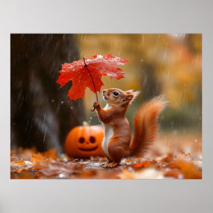 Niedliches Eichhörnchen mit Leaf-Regenschirm - Her Poster
