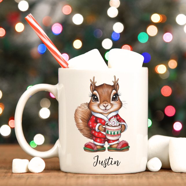 Niedliches Eichhörnchen Personalisiert Weihnachten Kaffeetasse (Squirrel reindeer Christmas cocoa mug. )