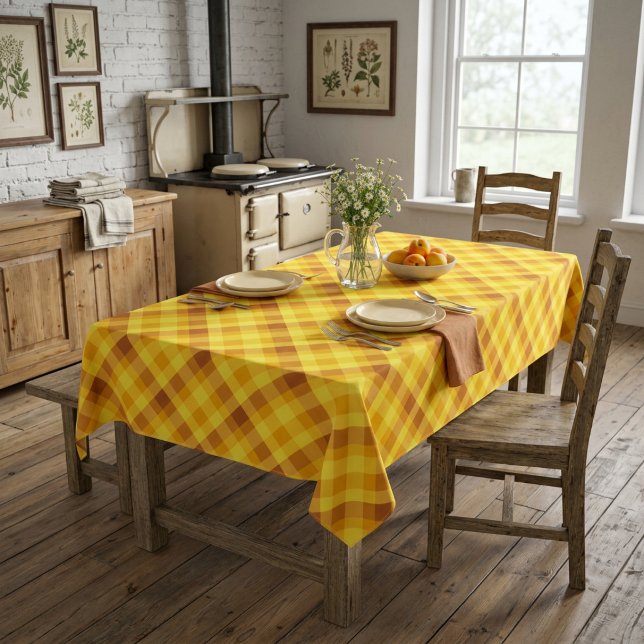 Niedliches Eigelb Gelb, Kariert Tischdecke (Cute Egg Yolk Yellow Plaid Medium Tablecloth covering a table in a farmhouse style dining room.)