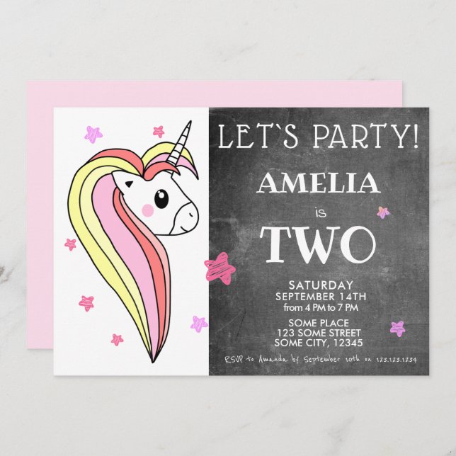 Niedliches Einhorn 2. Geburtstag Einladung (Vorne/Hinten)