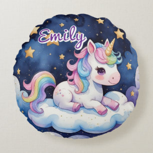 Niedliches Einhorn auf der Cloud, bestellbarer Nam Rundes Kissen