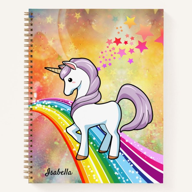 Niedliches Einhorn auf einem Regenbogen Name Notizbuch (Vorderseite)