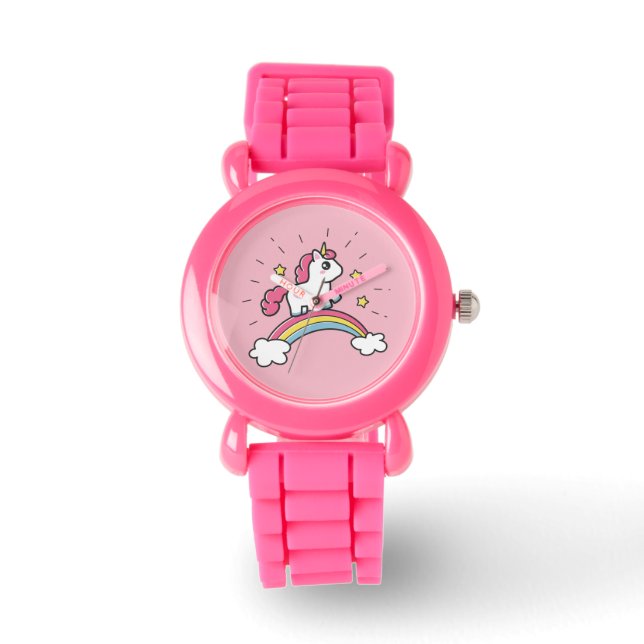 Niedliches Einhorn auf einem Regenbogendesign Armbanduhr (Vorderseite)