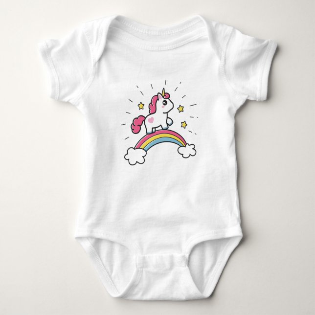 Niedliches Einhorn auf einem Regenbogendesign Baby Strampler (Vorderseite)