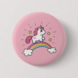 Niedliches Einhorn auf einem Regenbogendesign Button