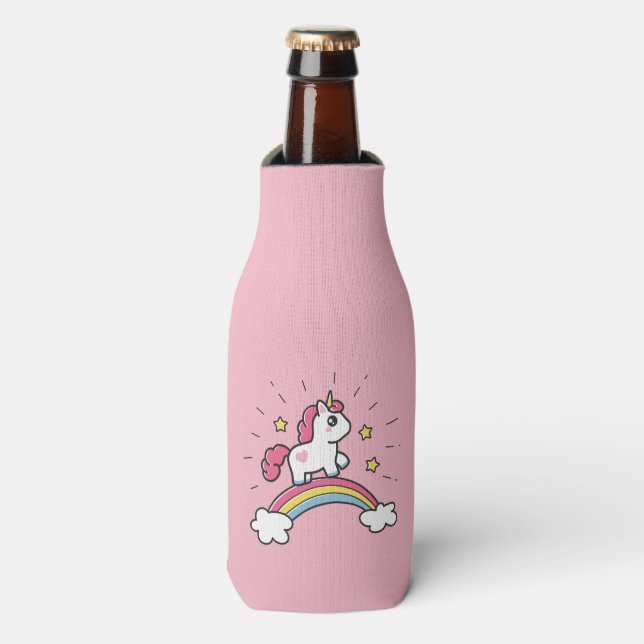 Niedliches Einhorn auf einem Regenbogendesign Flaschenkühler (Flaschenvorderseite)