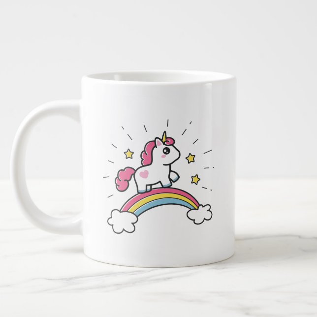 Niedliches Einhorn auf einem Regenbogendesign Jumbo-Tasse (Links)