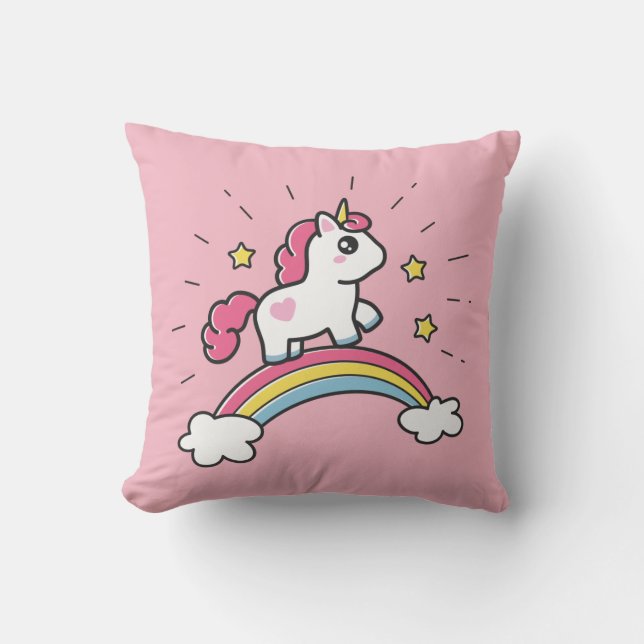 Niedliches Einhorn auf einem Regenbogendesign Kissen (Vorderseite)