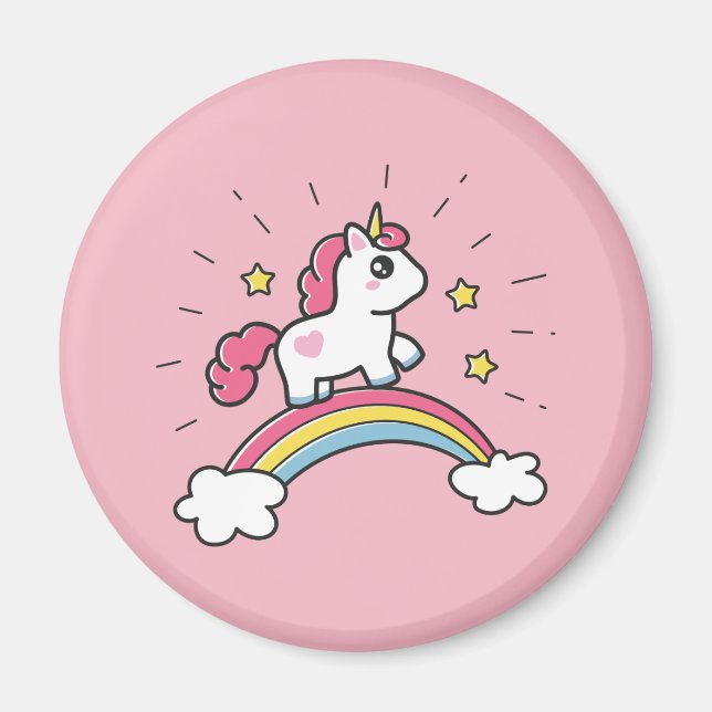 Niedliches Einhorn auf einem Regenbogendesign Magnet (Vorne)