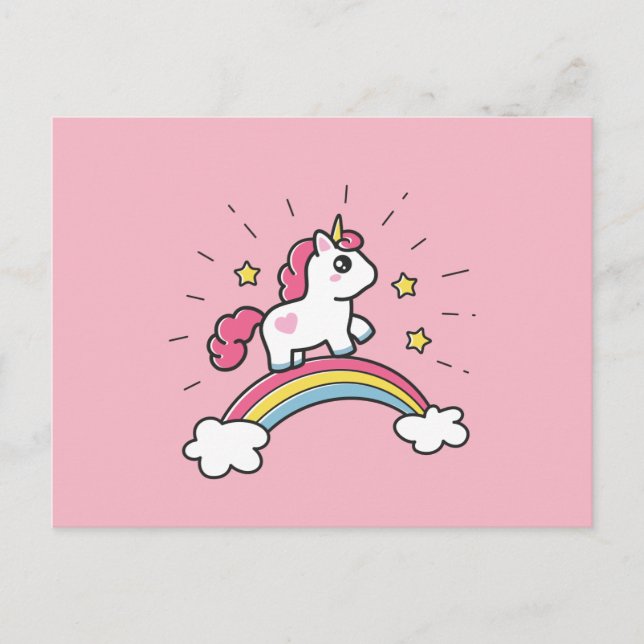 Niedliches Einhorn auf einem Regenbogendesign Postkarte (Vorderseite)