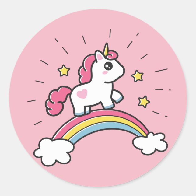 Niedliches Einhorn auf einem Regenbogendesign Runder Aufkleber (Vorderseite)