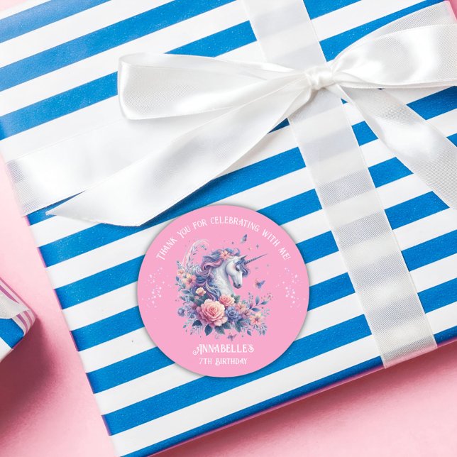 Niedliches Einhorn Blütenrosa Lila Mädchen Geburts Runder Aufkleber (Von Creator hochgeladen)