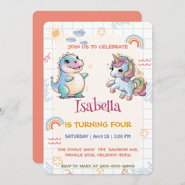 Niedliches Einhorn Dinosaurier Regenbogen Blume Ge Einladung (Vorne/Hinten)