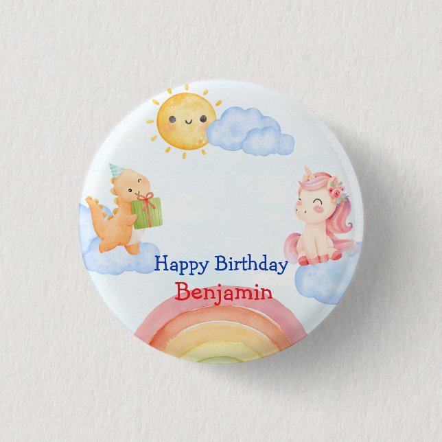 Niedliches Einhorn Dinosaurier Regenbogen Geburtst Button (Vorderseite)