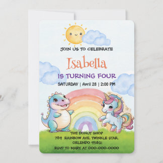 Niedliches Einhorn Dinosaurier Regenbogen Sky Gebu Einladung