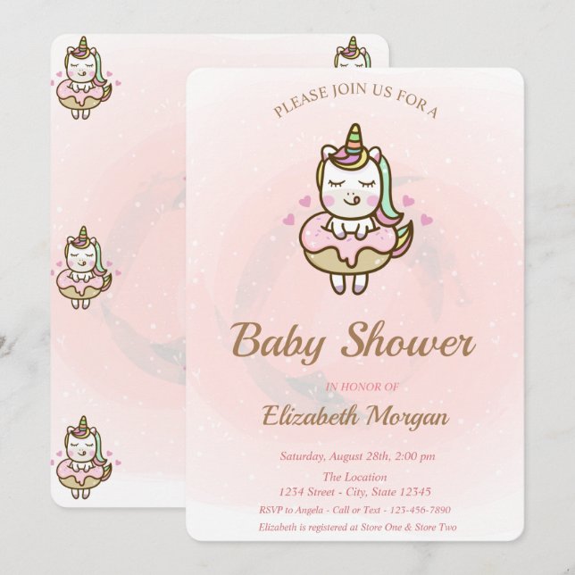 Niedliches Einhorn, Donut Babydusche Einladung (Vorne/Hinten)