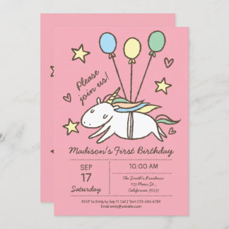 Niedliches Einhorn Fliegen auf Balloons Geburtstag Einladung