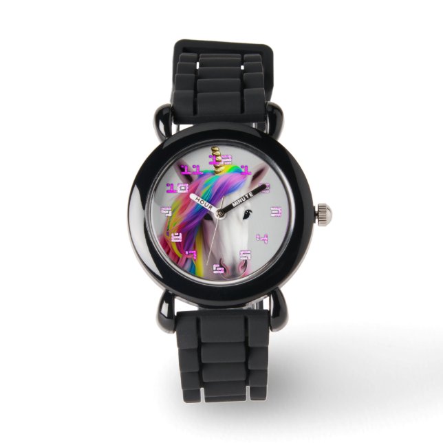 Niedliches Einhorn Girl Rainbow Hair Armbanduhr (Vorderseite)