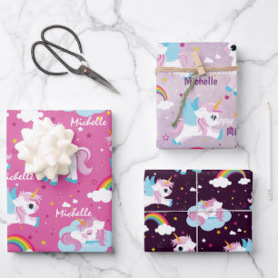 Niedliches Einhorn Glücklicher Geburtstag Pink Gir Geschenkpapier Set