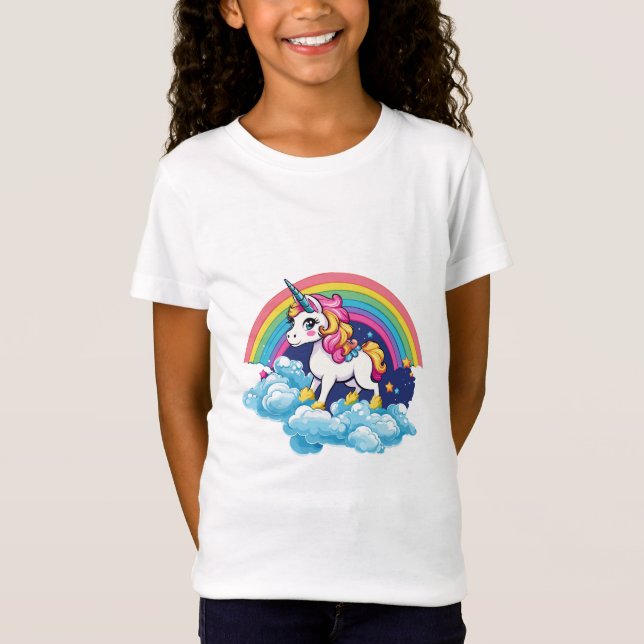 Niedliches Einhorn - Happy Flying Through Rainbow T-Shirt (Vorderseite)
