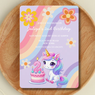 Niedliches Einhorn im Retro-Regenbogen 2. Geburtst Einladung
