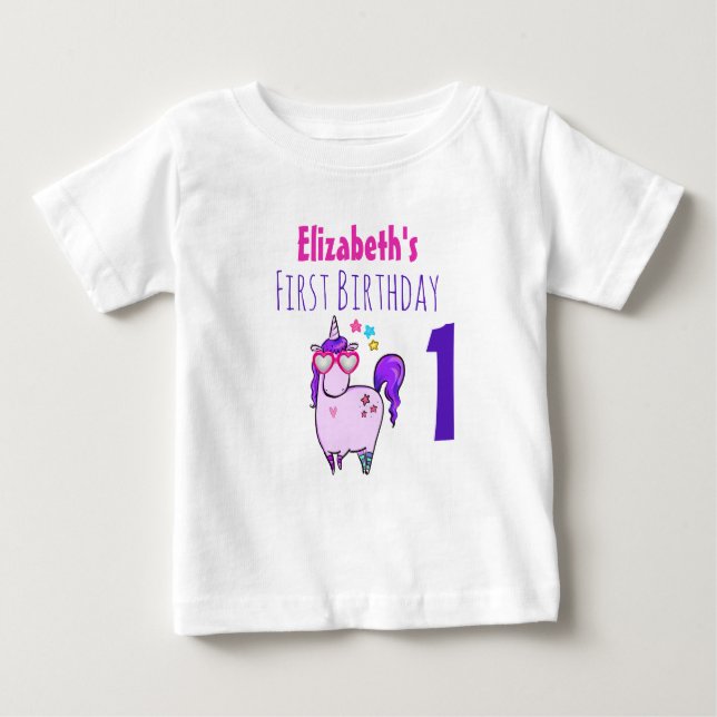 Niedliches Einhorn in Herz-Form Brille 1. Geburtst Baby T-shirt (Vorderseite)