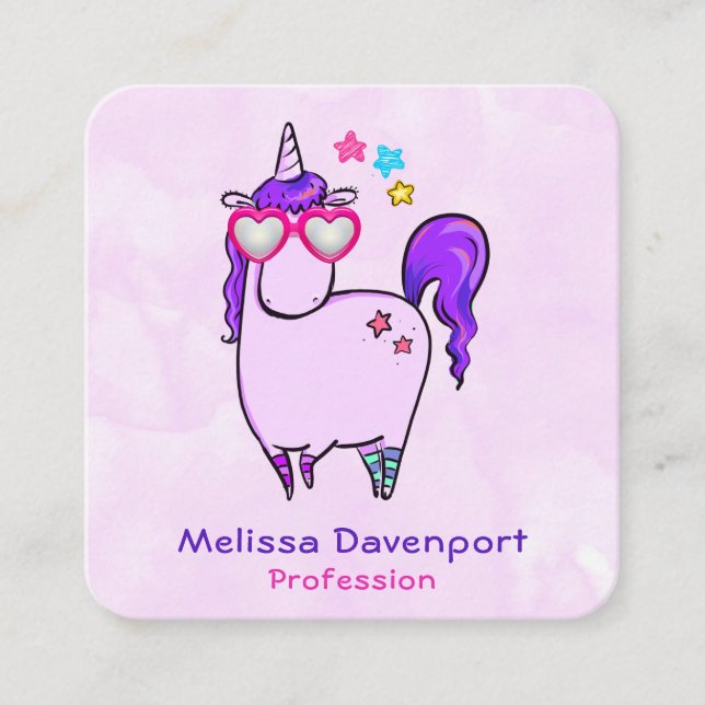 Niedliches Einhorn in Herz-Shaped-Brille Quadratische Visitenkarte (Vorderseite)
