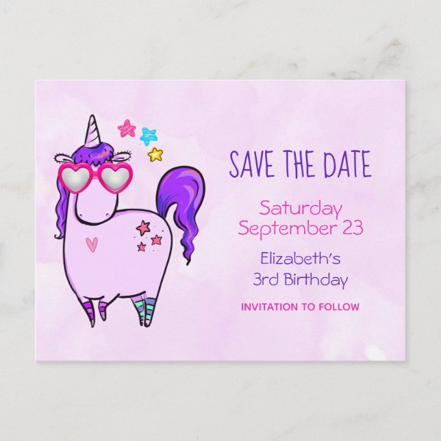 Niedliches Einhorn in Herz-Shaped Brille Save the  Einladungspostkarte (Vorderseite)