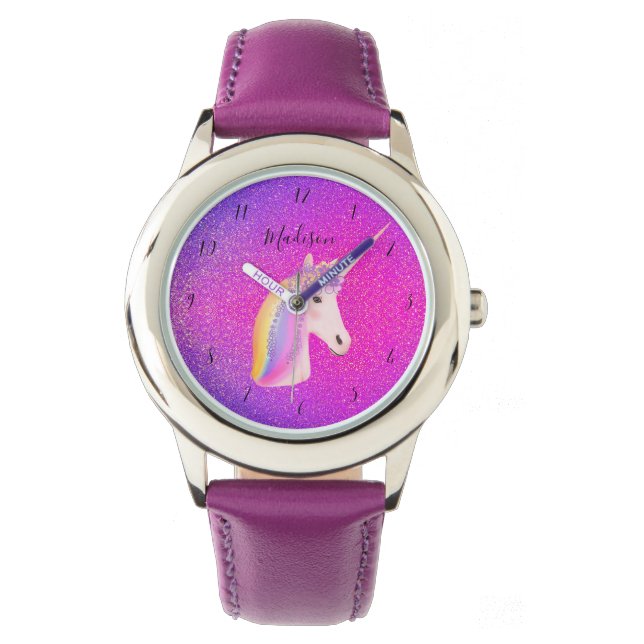 Niedliches Einhorn Lila Pink Glitzer Personalisier Armbanduhr (Vorderseite)