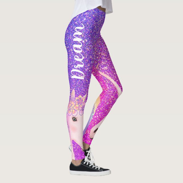 Niedliches Einhorn Lila Rosa Glitzer Traumfrau Leggings (Rechts)