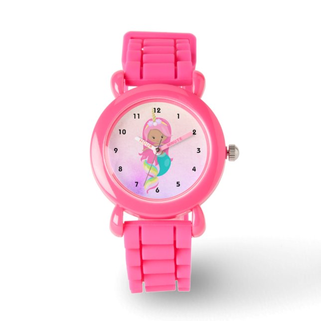 Niedliches Einhorn Meerjungfrau Pink Girl Kid Armbanduhr (Vorderseite)