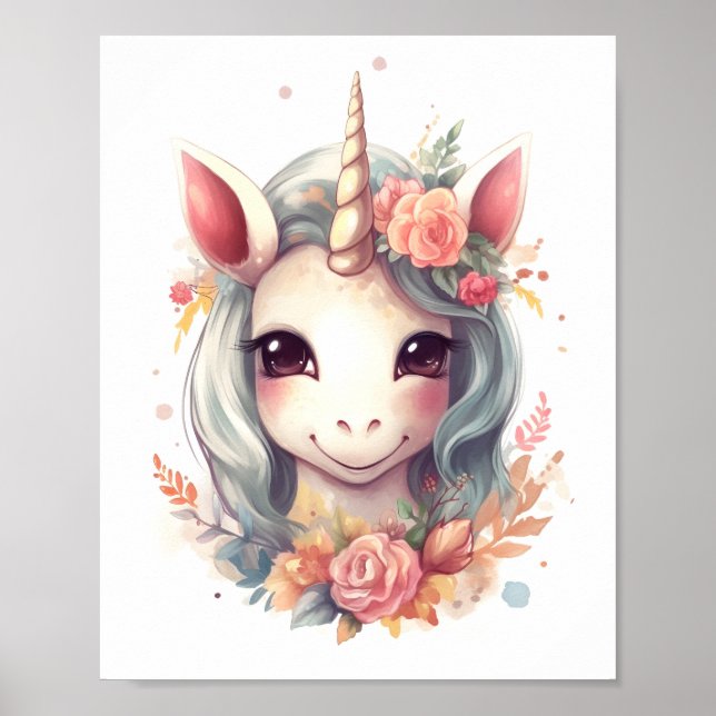 Niedliches Einhorn mit Blume-Portrait Poster (Vorne)